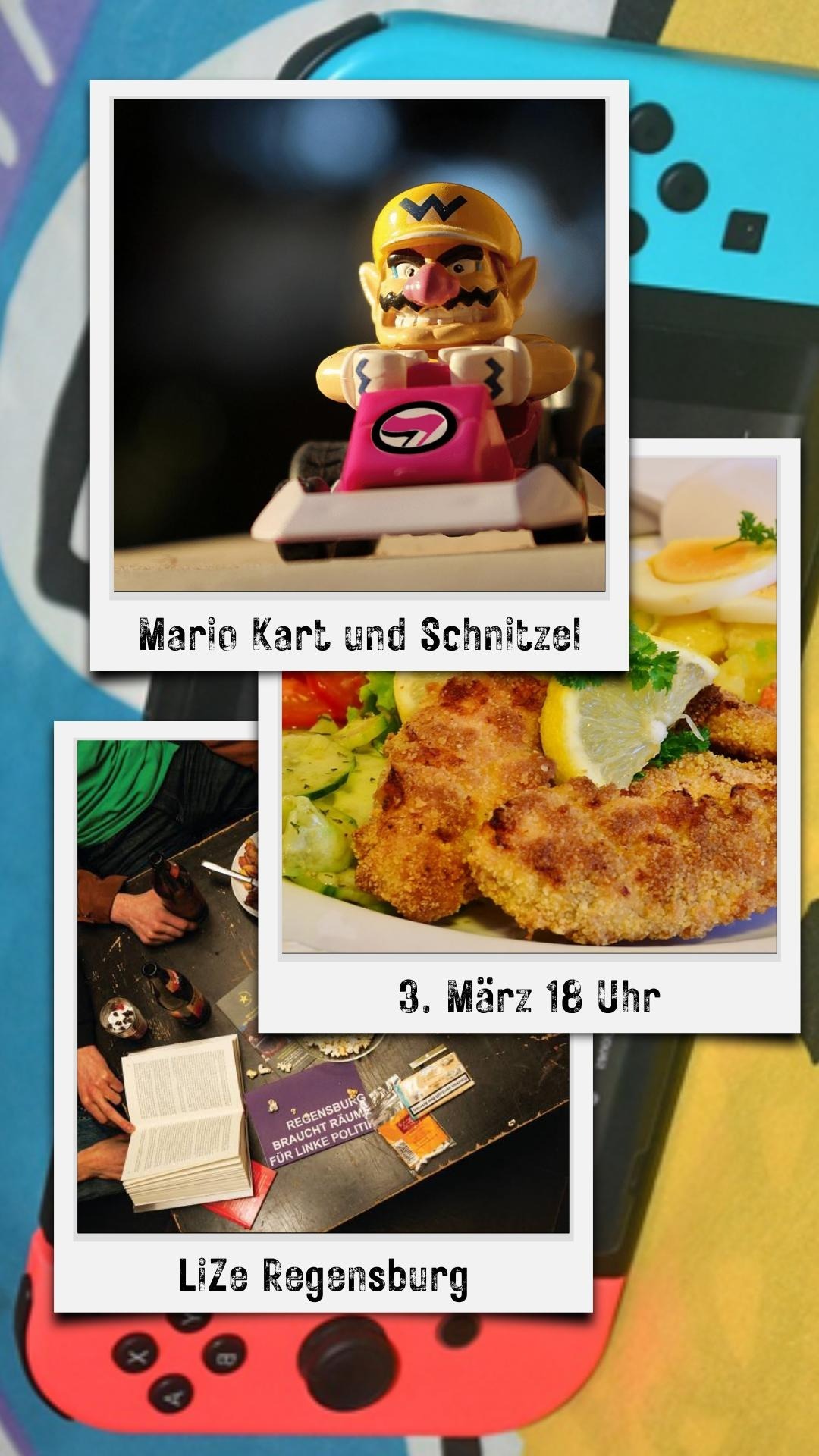 Bilder von Wario aus Mario-Kart und einem paniertem Schnitzel mit Zitrone